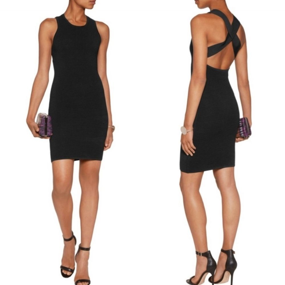 Jonathan Simkhai LBD Black Ribbed Bodycon Cross Back Midi Dress Women S